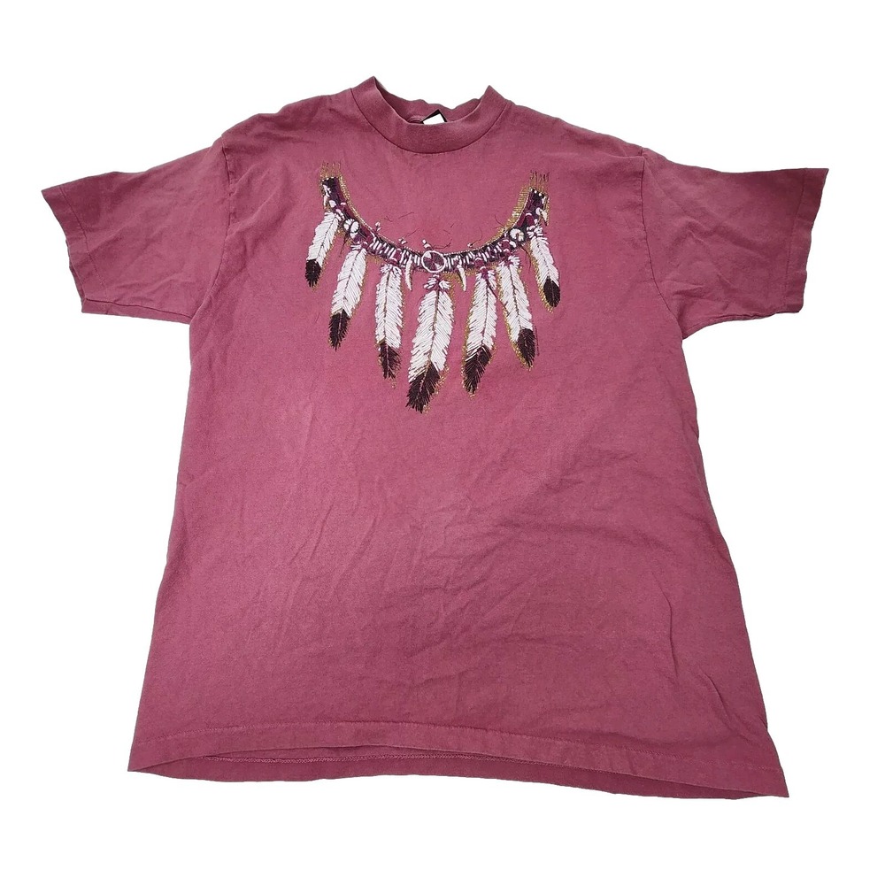 Vtg Diamond Dust Single Stitch Feather Necklace Native T Shirt XL Purple Raised